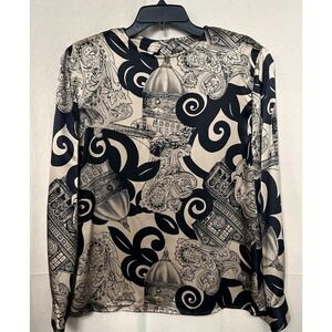 Bella Camicie Brett Harrison Silk Top Black Bronze Artsy Paisley 8 Vtg 80s READ